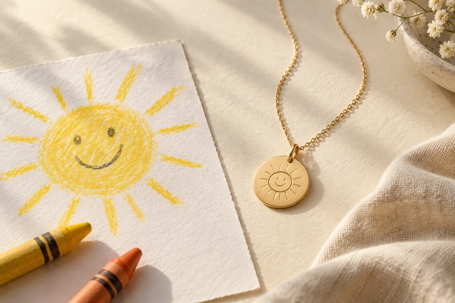 A child’s crayon drawing of a smiling sun beside a gold-tone disc necklace engraved with the same sun