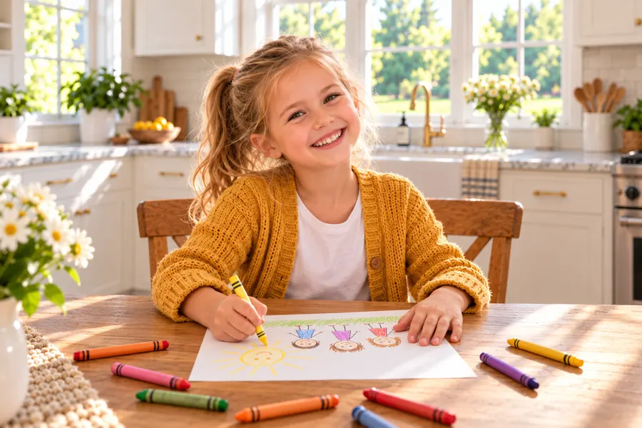 A smiling girl in a mustard cardigan faces the camera as she draws a sun and her family with crayons at the kitchen table