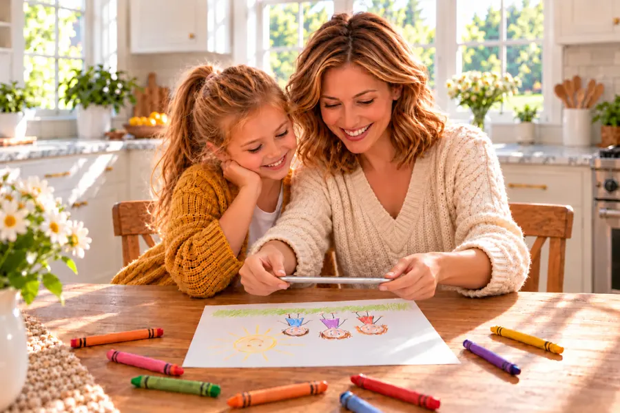 A mother and daughter lean over the kitchen table, smiling, as Mom holds her phone above the crayon drawing to photograph it