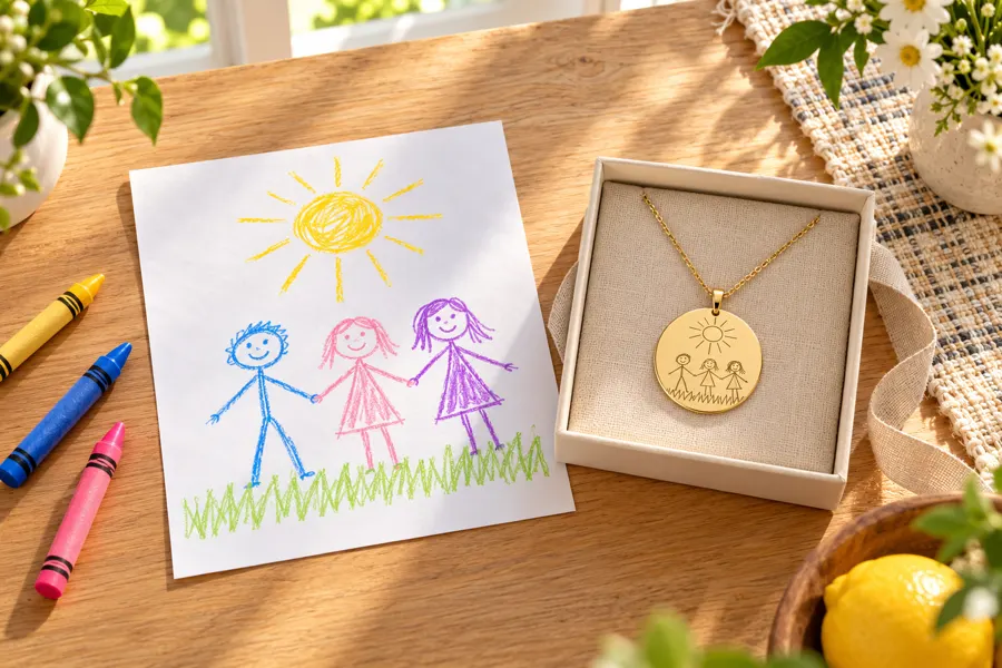 An open gift box holding a gold-tone disc necklace engraved with a child’s family drawing, beside the original crayon drawing