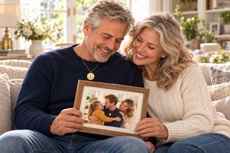 A grey-haired couple in their sixties sit close together on a sofa, smiling warmly as they hold a framed photo of their young daughter hugging her dad, who wears the engraved gold disc necklace
