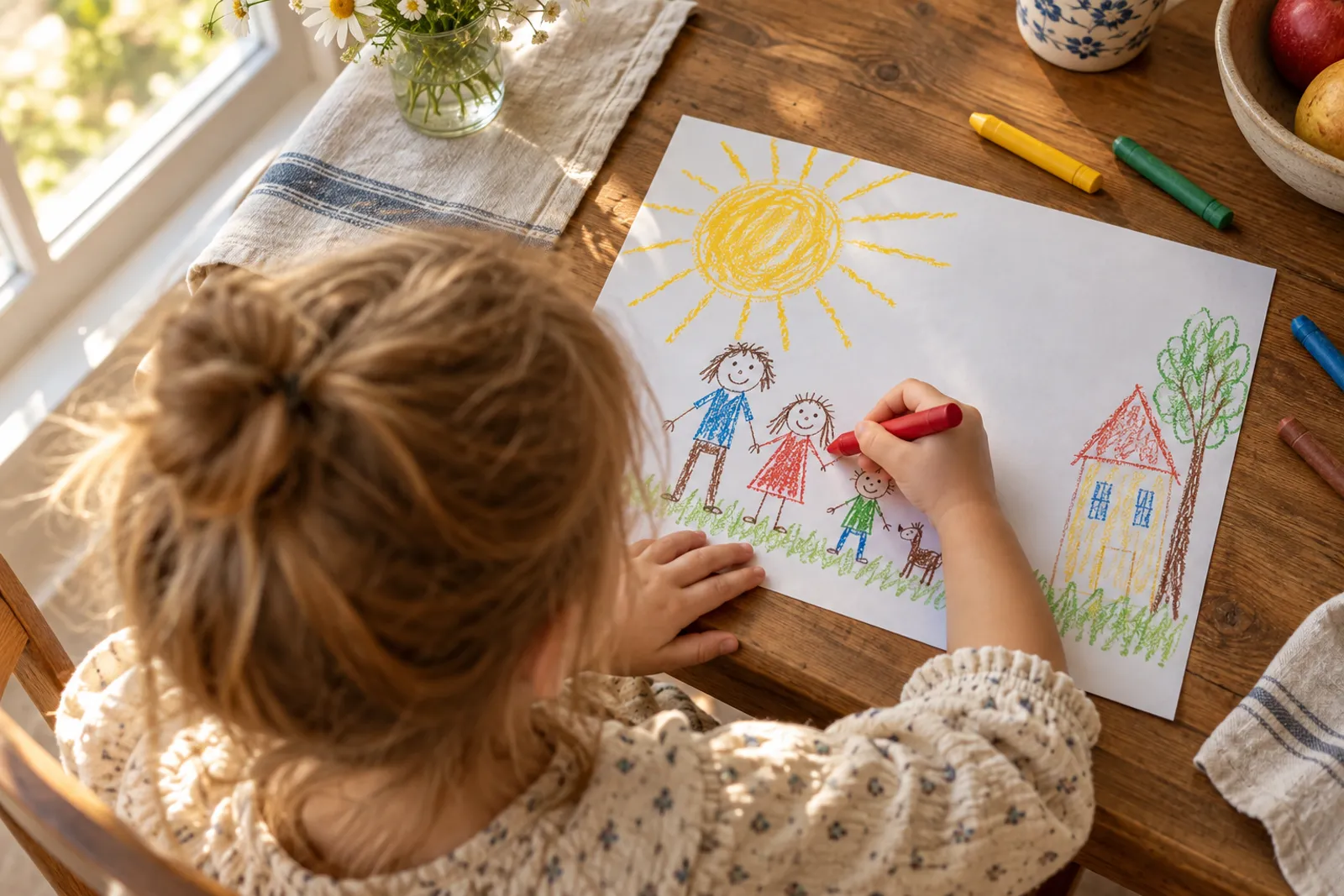 A child seen from behind drawing a family under a big yellow sun with a red crayon at a kitchen table
