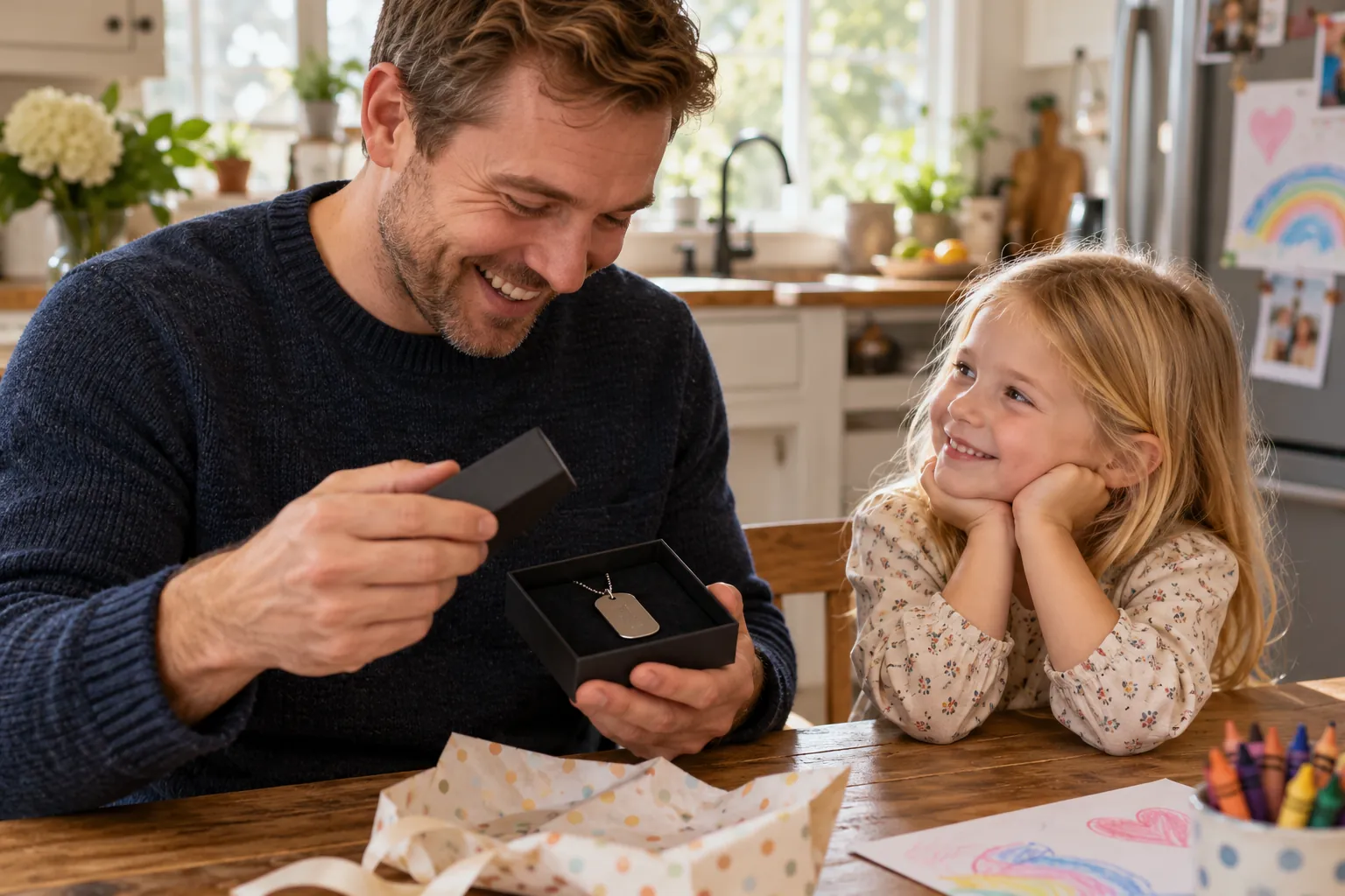 A dad in a navy sweater laughing as he opens a small gift box holding a dog tag, while his young daughter watches him with her chin in her hands
