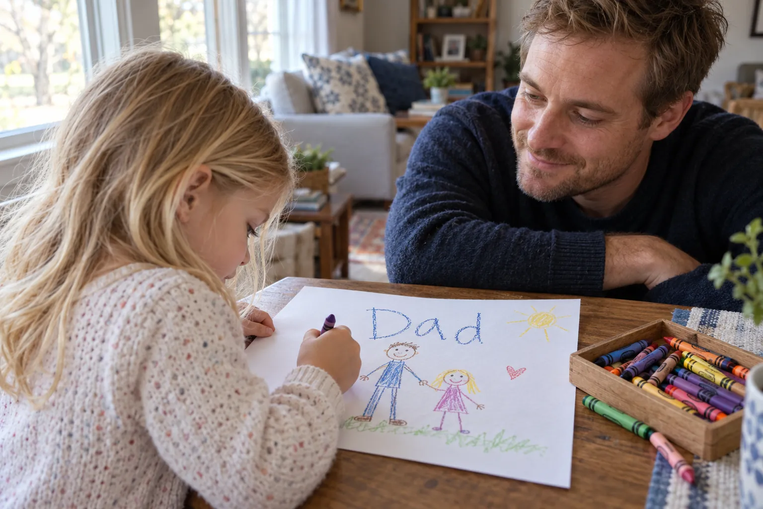 A young blonde girl drawing a stick-figure picture with the word Dad in crayon while her father watches beside her