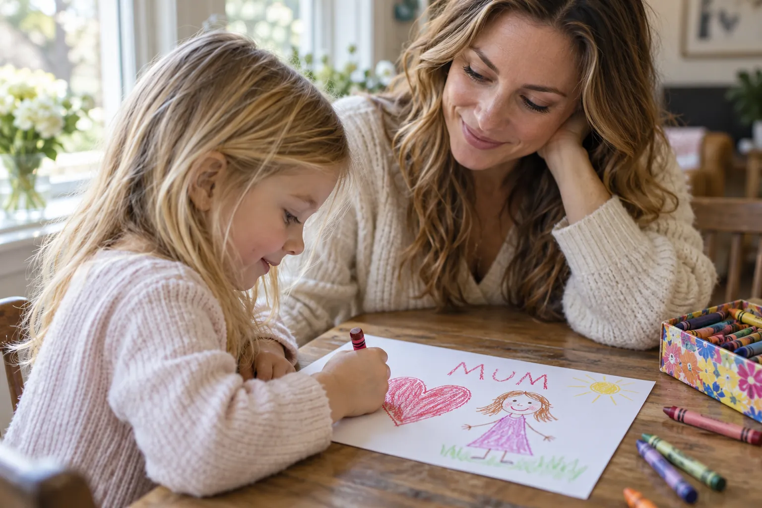A young blonde girl drawing a big red heart and a stick-figure mum with the word Mum in crayon while her mother watches