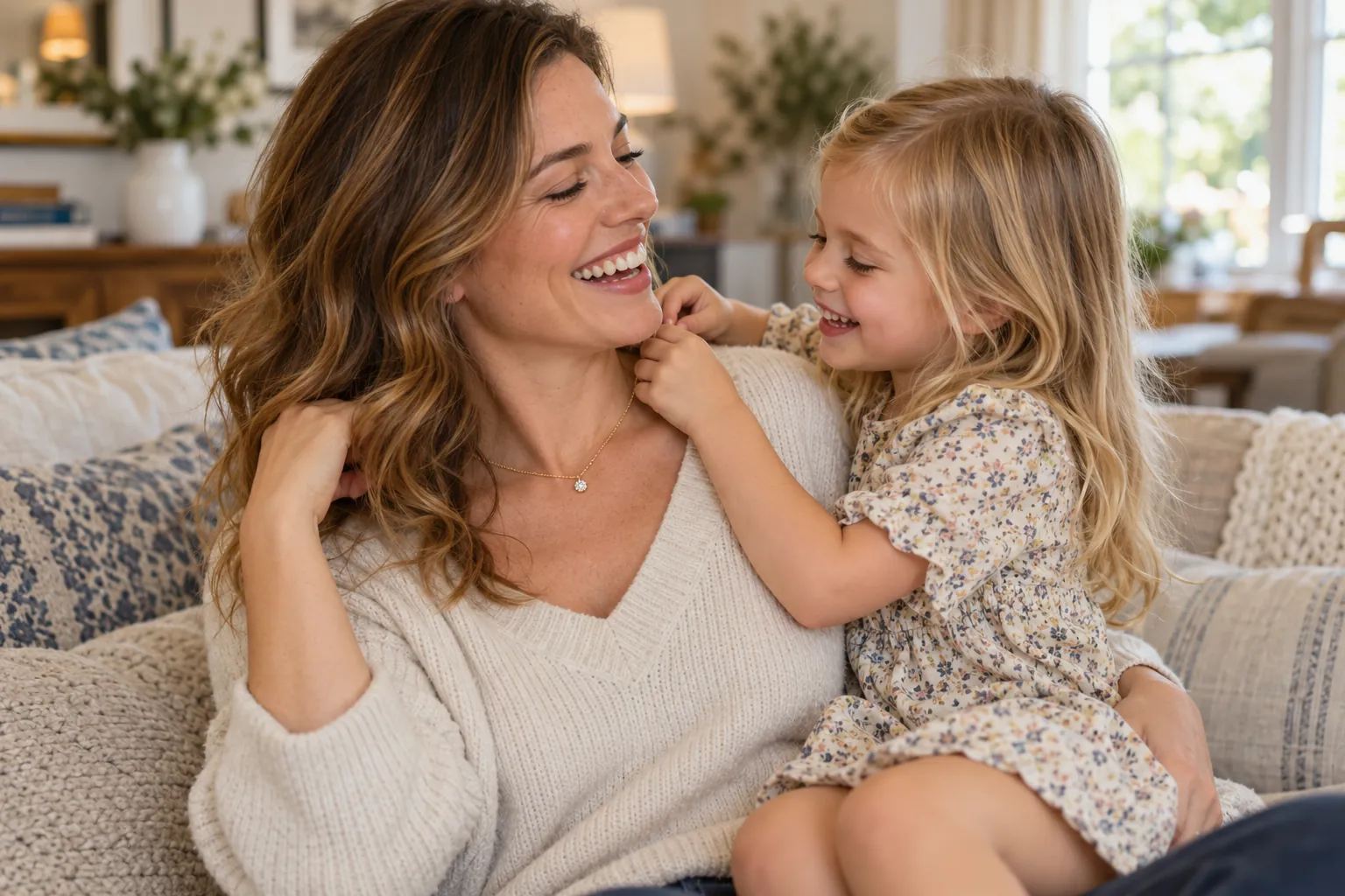 A young blonde girl fastening a small pendant necklace around her laughing mother’s neck on a sofa