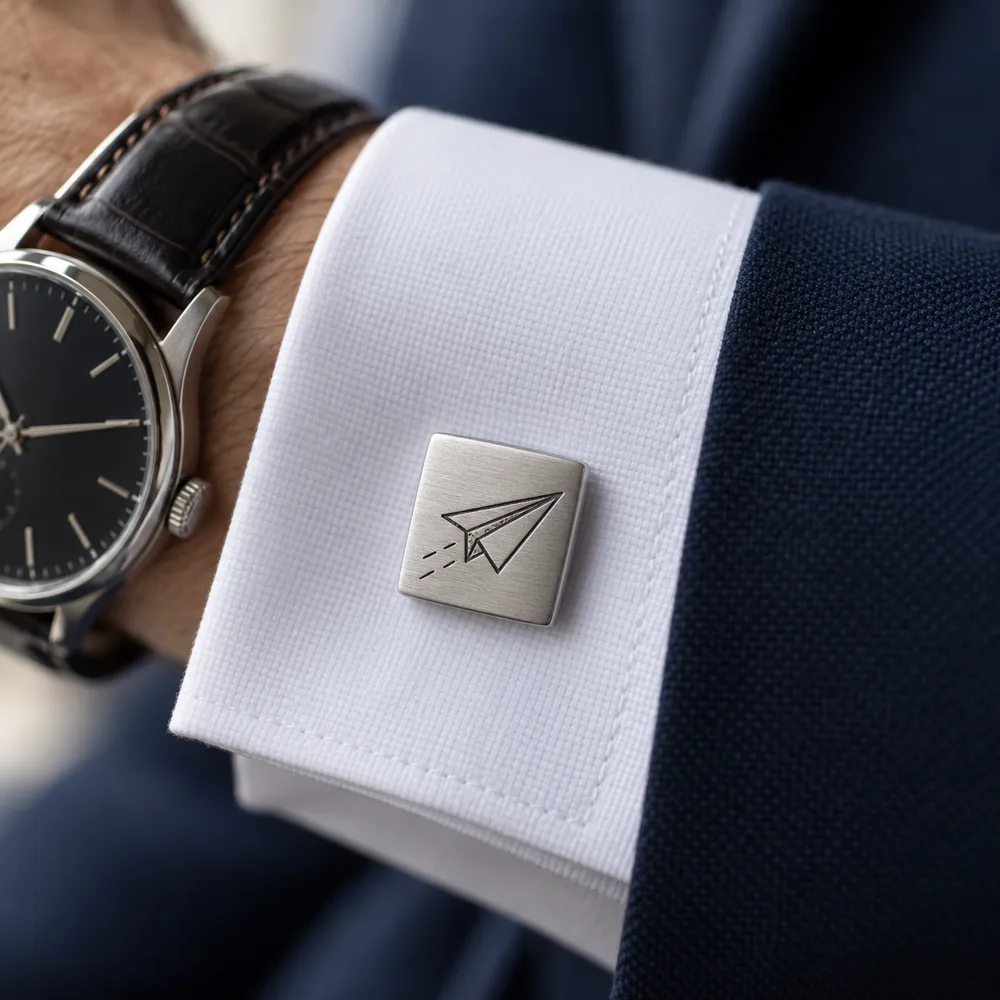 A square silver-tone doodle cufflink fastened on a white shirt cuff