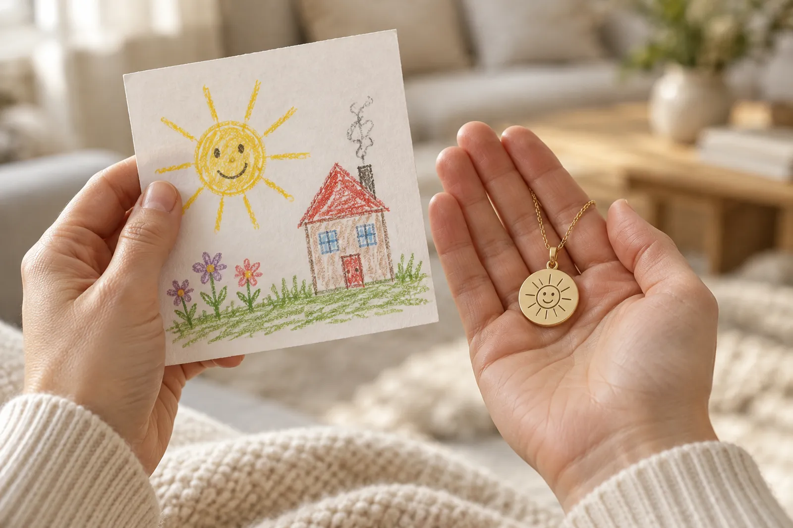A parent’s hands holding a child’s crayon drawing of a sun and a house beside a gold pendant engraved with the same sun