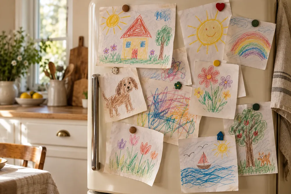 A cream fridge door covered with overlapping children’s crayon drawings held by magnets