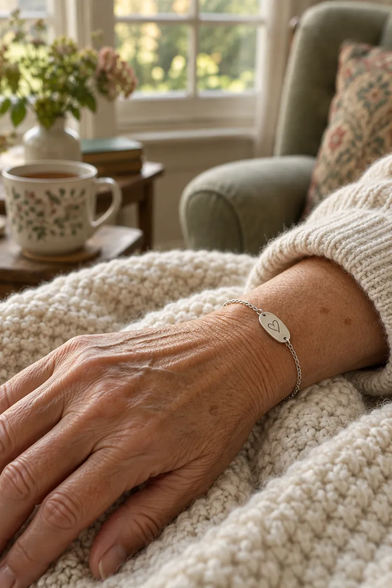 An older woman’s hand resting on a knitted blanket, wearing a fine silver bracelet engraved with a small heart