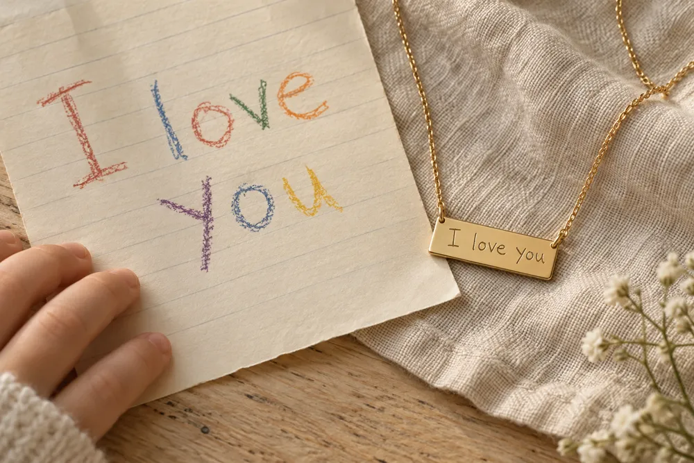 A child’s crayon note reading “I love you” beside a gold bar necklace engraved with the same words in handwriting
