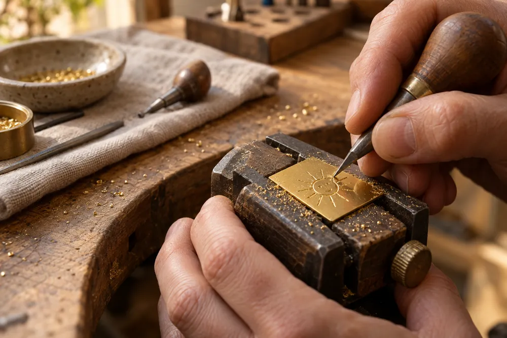 A jeweller’s hands engraving a small sun drawing into a gold plate held in a bench vice