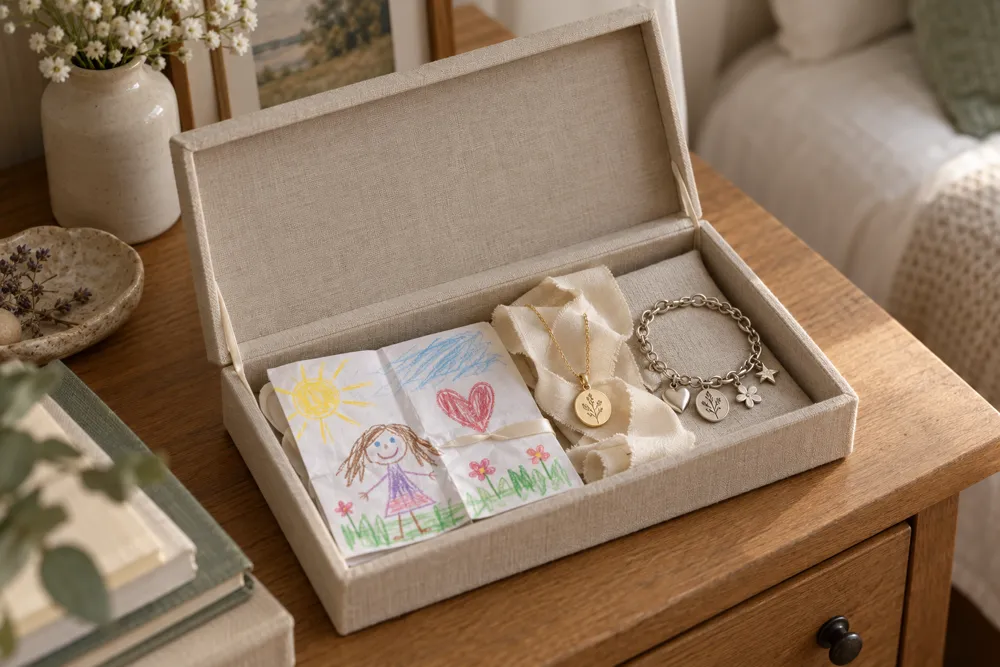 An open linen keepsake box holding a folded crayon drawing, a gold pendant necklace and a silver charm bracelet