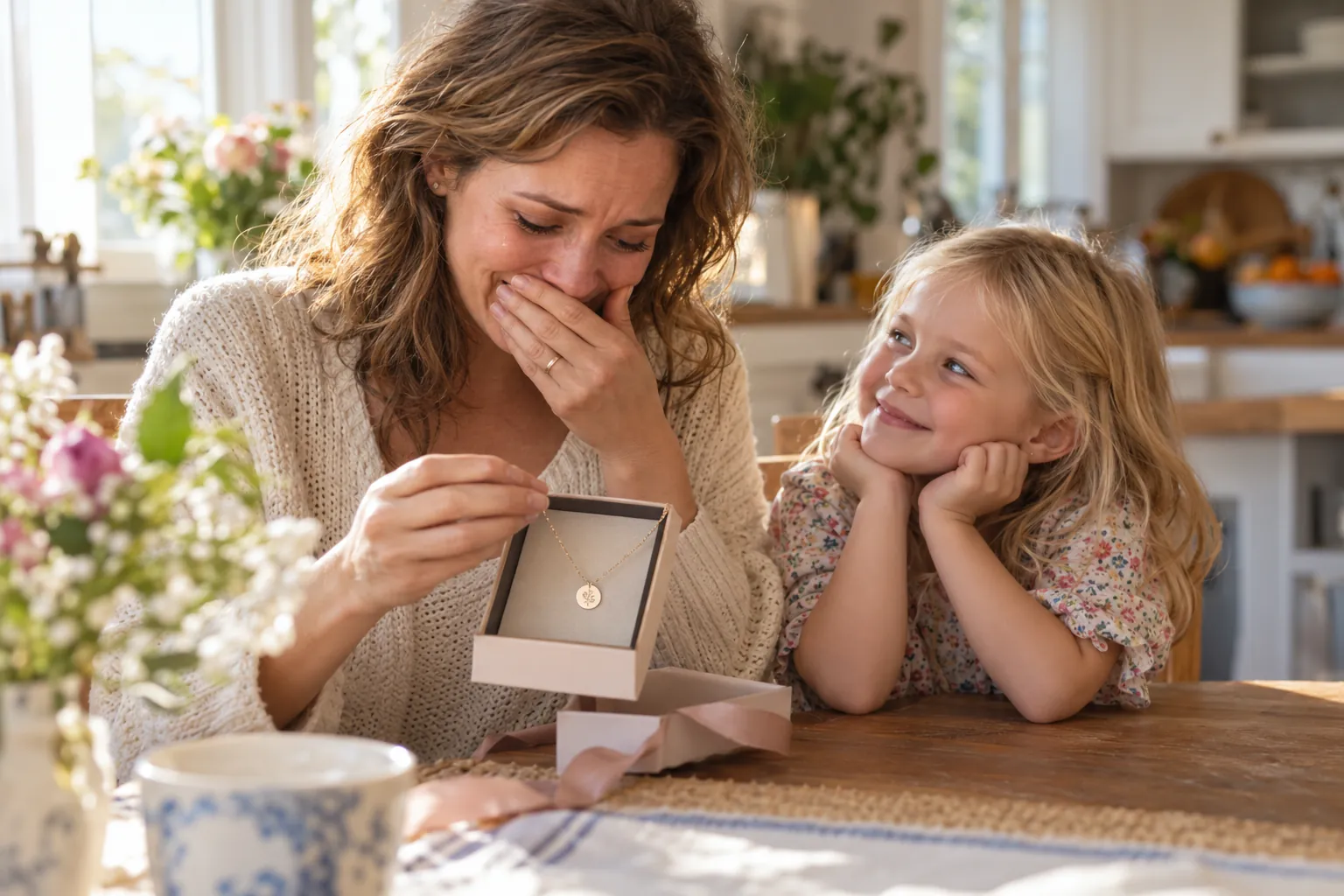 A mum in a cream cardigan, tearful and smiling behind her hand as she opens a gift box holding a small disc necklace, while her young blonde daughter watches her
